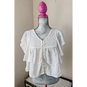 RACHEL ROY Women's Short Sleeve Ivory Cream Baby Doll Ruffle Blouse Top XS